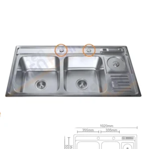 مجلى مطبخ ستانلس ستيل بحوضين وسلة مهملات مدمجة — 102 × 50 سم