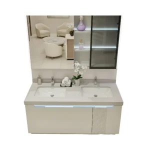 120cm double basin bathroom sink — Modern porcelain design with stylish gray storage cabinet