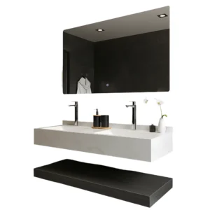 Decorative washbasin in artificial marble, 120 cm wide, with two porcelain basins, illuminated mirrors, and a gray shelf.