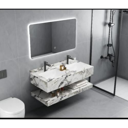 مغسلة مزدوجة من الرخام الصناعي بتصميم حجري عصري — عرض 120 سم