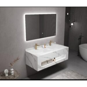 مغسلة حمام مزدوجة عصرية بسطح من الرخام الصناعي وخزانة تخزين — عرض 120 سم