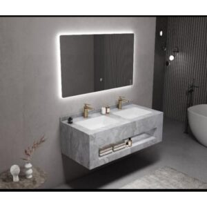 مغسلة مزدوجة من الرخام الصناعي بعرض 120 سم، بحوضين وتصميم حجري مع رف للتخزين