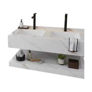 Off-white porcelain bathroom sink with brown veins, 120 cm, with shelf and illuminated mirror.