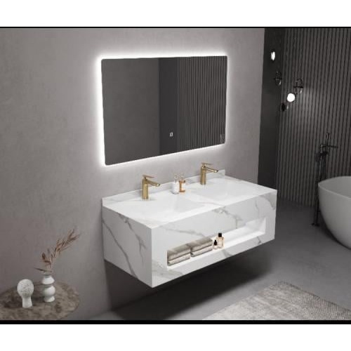 مغسلة حمام فاخرة مع خزانة وسطح رخام صناعي مزدوج — مقاسات 120 و150 سم