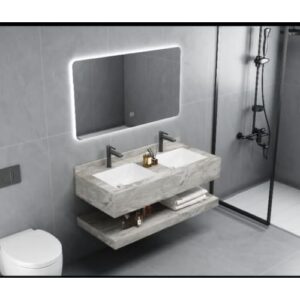 مغسلة مزدوجة من الرخام الصناعي بمظهر حجري — عرض 120–150 سم