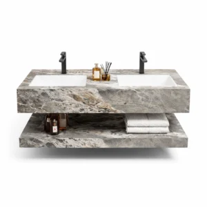 مغسلة مزدوجة من الرخام الصناعي بمظهر حجري — عرض 120–150 سم