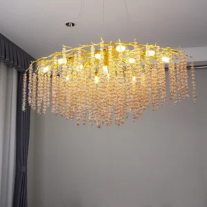 نجف مودرن ذهبي 120 سم بزجاج شفاف ولون عسلي — 16 لمبة E14