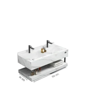 طقم مغسلة حمام مزدوج بعرض 120 سم مع مرآة بإضاءة LED — رخام صناعي أبيض عصري