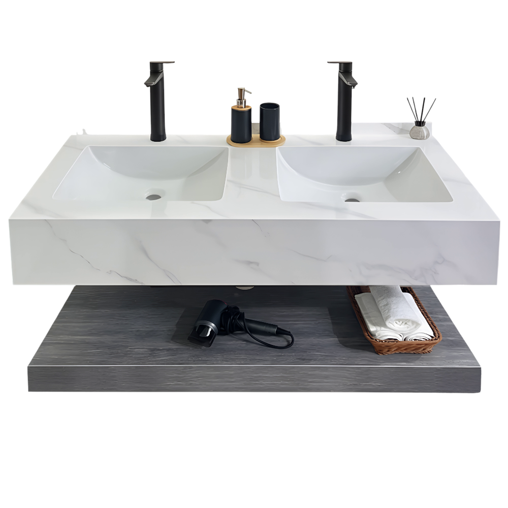 120cm wide porcelain washbasin for guest bathrooms with LED lighted mirror and shelf — Modern design