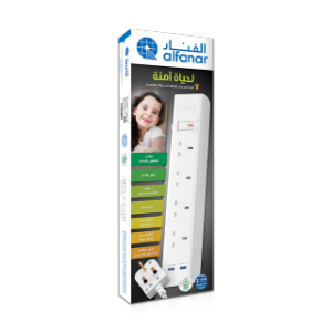 ممدد كهرباء الفنار 13 أمبير، سلك 3 أمتار، 4 مخارج ومنفذي USB