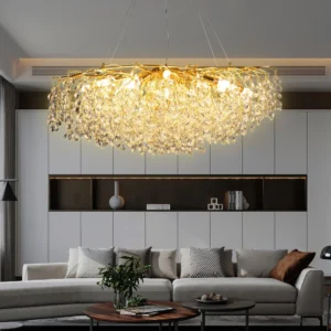 نجف مودرن ذهبي مع تفاصيل شفافة، 13 لمبة E14، مقاس مستطيل 120 سم