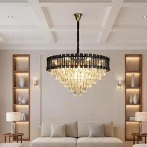 نجف مودرن بغطاء أسود وتفاصيل ذهبية — 15 لمبة بمقبس E14، مقاس 80 سم