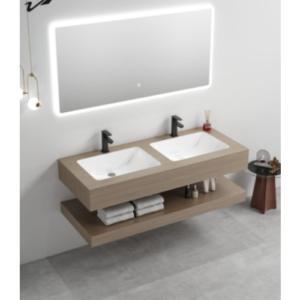 مغسلة حمام مودرن 150 سم بخزانة خشبية وسطح من الرخام الصناعي وحوضين — لون بني غامق