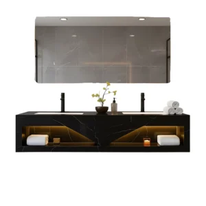 150cm black double basin porcelain washbasin with illuminated mirror, modern design