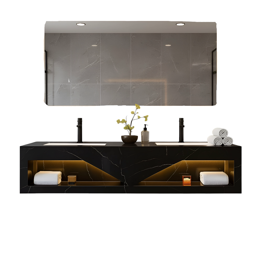 150cm black double basin porcelain washbasin with illuminated mirror, modern design