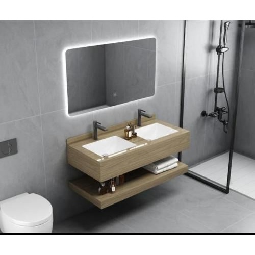 وحدة مغسلة بمغسلتين مع سطح من الرخام الصناعي بتصميم حجري — عرض 150 سم