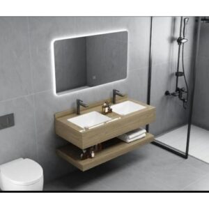 خزانة مغسلة مزدوجة بسطح رخام صناعي بتصميم حجري – 150 سم