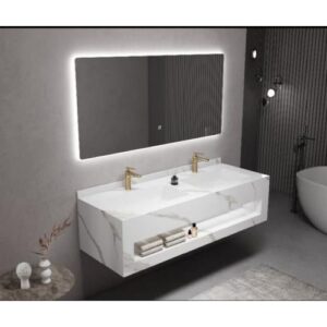 مغسلة مزدوجة بسطح رخام صناعي مع خزانة تخزين — 150 سم