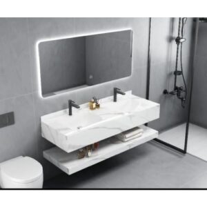 مغسلة فاخرة بحوضين مع سطح من الرخام الصناعي - عرض 150 سم