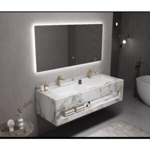 مغسلة ديكور مزدوجة بحوضين من الرخام الصناعي — عرض 150 سم، تصميم حجري