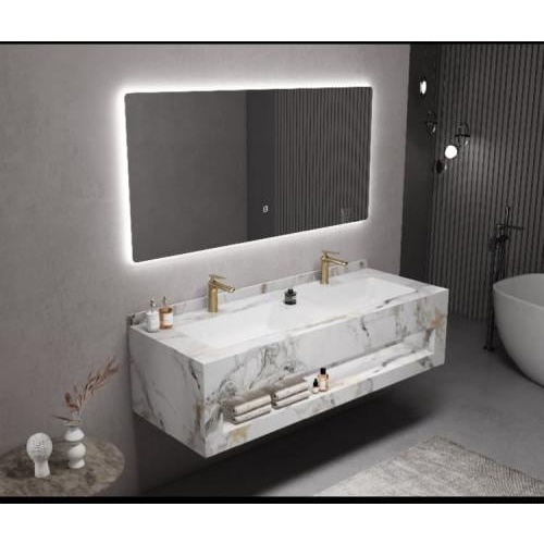 مغسلة ديكور مزدوجة بحوضين من الرخام الصناعي — عرض 150 سم، تصميم حجري