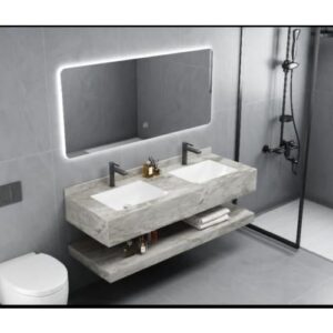 مغسلة ديكور مزدوجة بحوضين وغطاء من الرخام الصناعي مع رف — 150 سم، رمادي رخامي