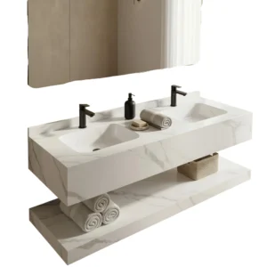 Modern marble washbasin, 150 cm wide, for guest bathrooms — porcelain with shelf and mirror, 150 cm
