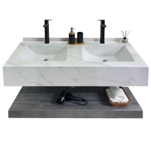 Laser-cut double basin washbasin, gray veining, with a 150cm shelf — for modern bathrooms