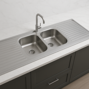 حوض مطبخ ستانلس ستيل مزدوج مع صينية تصريف 150×60 سم — التقنية الوطنية — تصميم كوري