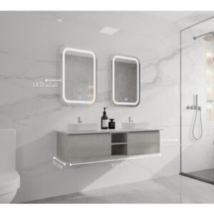 مغسلة حمام من خشب بلايوود بعرض 150 سم، حوضان سيراميك ومرايا LED — فيراجو