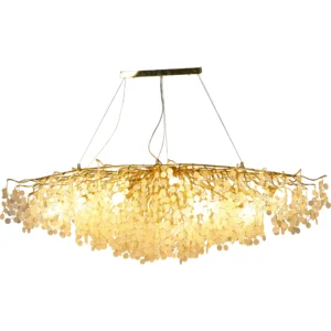نجف مودرن ذهبي بعناصر شفافة وبيضاء، 16 لمبة من نوع E14، طول 160 سم