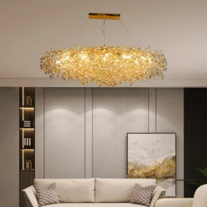 نجف مودرن قطر 160 سم ذهبي وعسلي مع لمسات شفافة، 15 لمبة E14