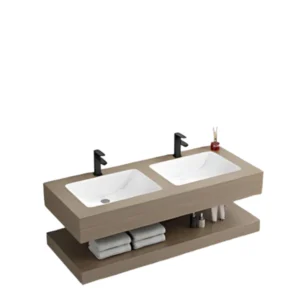 مغسلة حمام مزدوجة بعرض 160 سم، تصميم خشبي وسطح من الرخام الصناعي مع مرايا LED تعمل باللمس