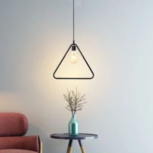 A triangular pendant chandelier made of durable stainless steel — in a luxurious and modern black color.