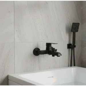 Round shower mixer made of brass and zinc with a black handpiece set