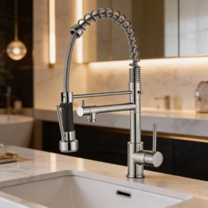 خلاط حوض مطبخ كروم بمنفذين وذراع قابل للسحب