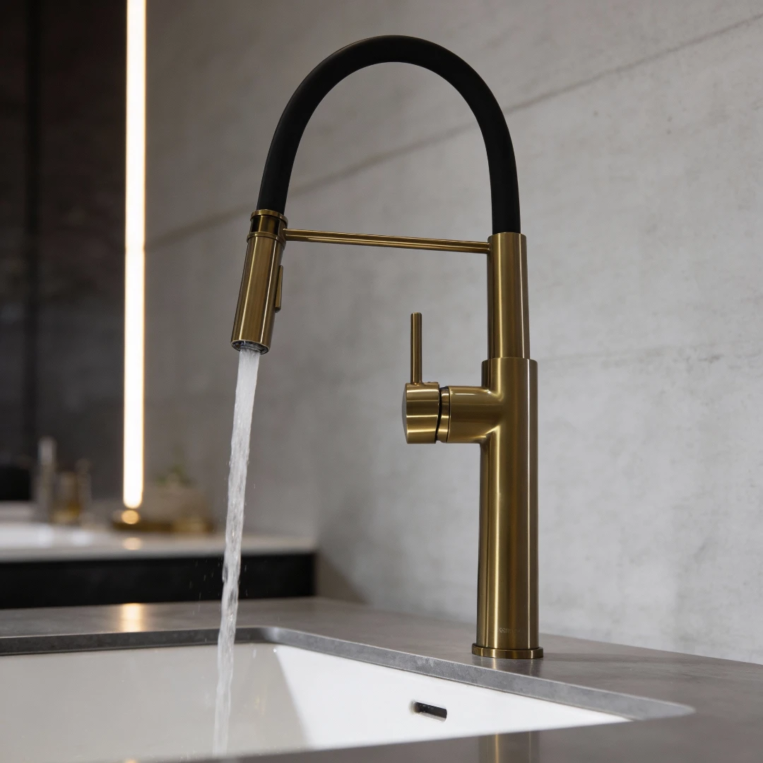 خلاط مطبخ ذهبي مطفي مع رأس قابل للسحب