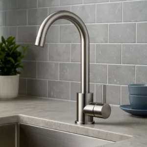 صنبور مطبخ مائل من ستانلس ستيل فضي مطفي مع خراطيم