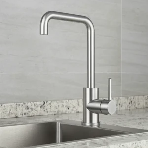 Stainless steel straight sink faucet/mixer, matte silver with hoses