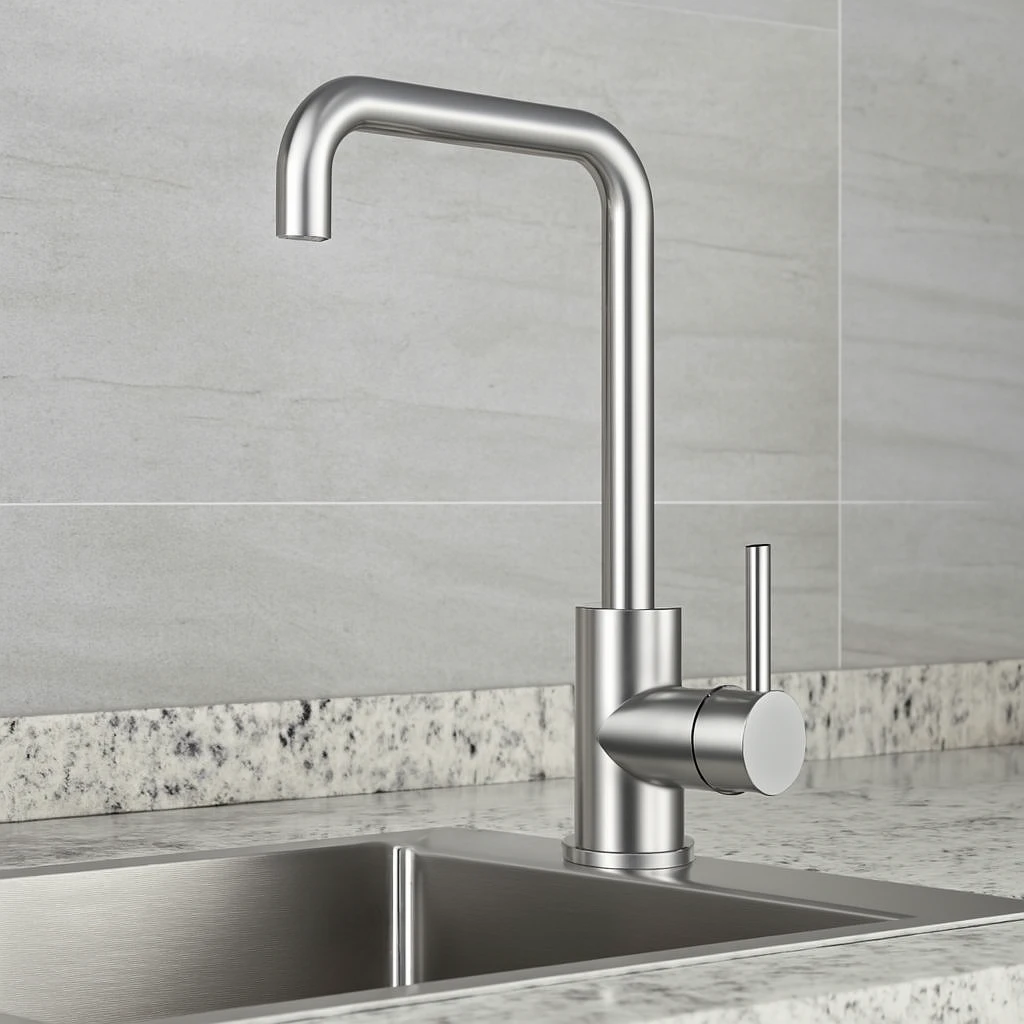 Stainless steel straight sink faucet/mixer, matte silver with hoses