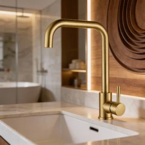 Stainless steel straight washbasin faucet, matte gold finish, with connecting hoses