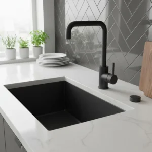 Black stainless steel straight washbasin faucet with connecting hoses