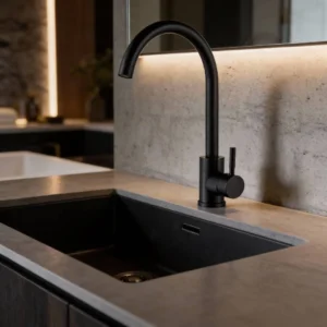 صنبور مغسلة مائل أسود من الستانلس ستيل مع خراطيم