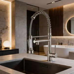 خلاط حوض بمخرجين بلون فضي مع رأس قابل للسحب