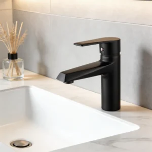 خلاط مغسلة قصير مدوّر أسود مع ليات وهراب