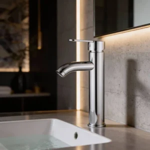 حنفية مغسلة مرتفعة برأس دائري رمادي مع خراطيم توصيل