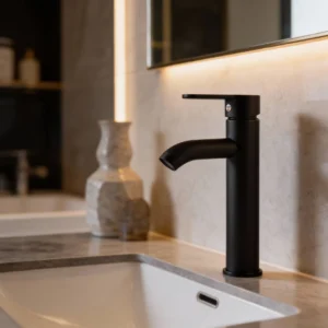 خلاط مغسلة طويل بتصميم دائري أسود مع خراطيم