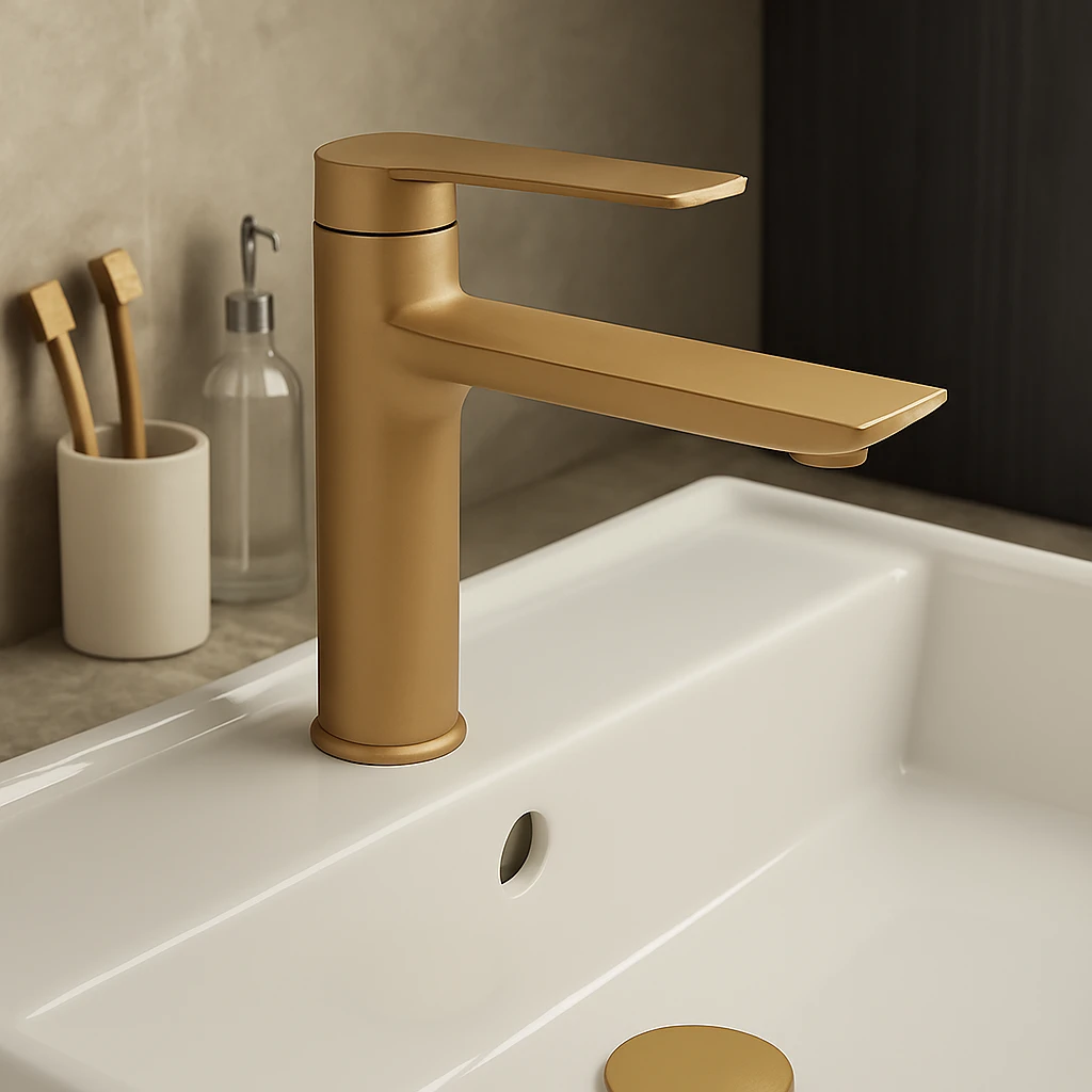 خلاط مغسلة قصير بلون ذهبي مطفي مع خراطيم التوصيل