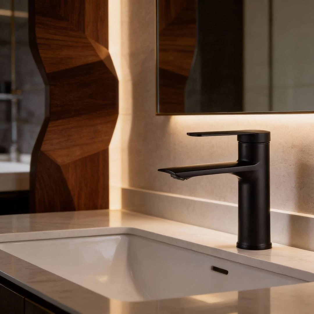 خلاط مغسلة قصير أسود مع خراطيم توصيل