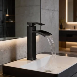 خلاط مغسلة طويل بتصميم شلال أسود مع خراطيم توصيل